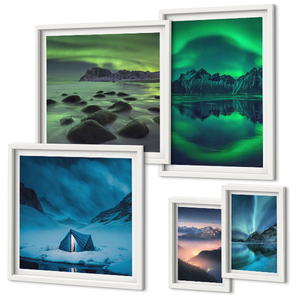 Set di quadri incorniciati Paesaggi invernali delle montagne dell'aurora boreale