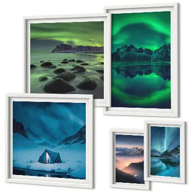 Set di quadri incorniciati paesaggi invernali con montagne e aurora boreale