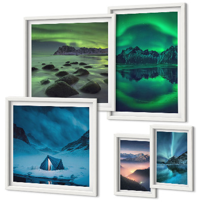 Set di quadri incorniciati Paesaggi invernali delle montagne dell'aurora boreale