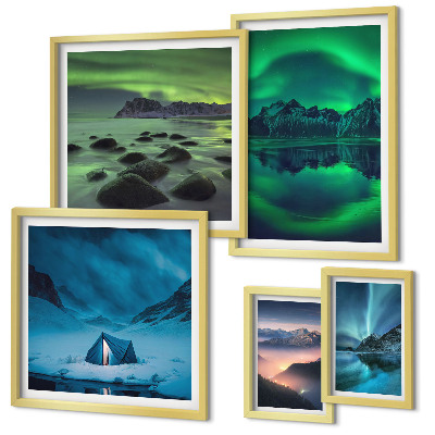 Set di quadri incorniciati Paesaggi invernali delle montagne dell'aurora boreale