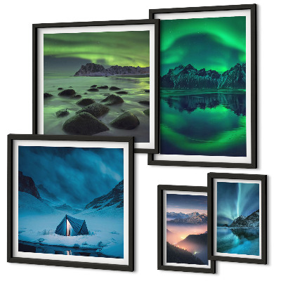 Set di quadri incorniciati Paesaggi invernali delle montagne dell'aurora boreale