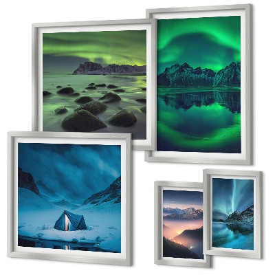 Set di quadri incorniciati Paesaggi invernali delle montagne dell'aurora boreale