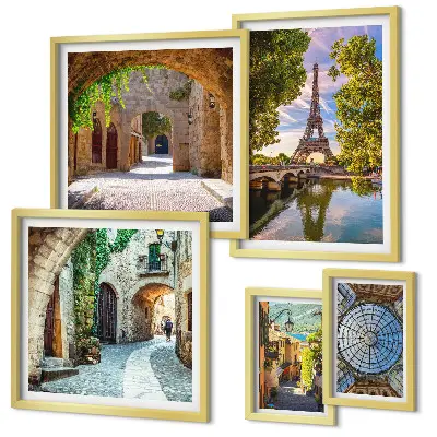 Incantevoli scorci di città europee quadro polittico completo di cornice