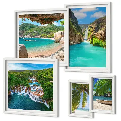 Set di quadri incorniciati con stampa di spiagge e cascate tropicali