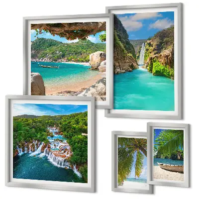Set di quadri incorniciati con stampa di spiagge e cascate tropicali