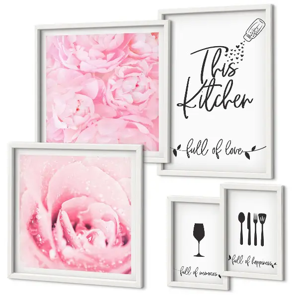 Set di 5 quadri con ispirazioni per la cucina, rose e accessori