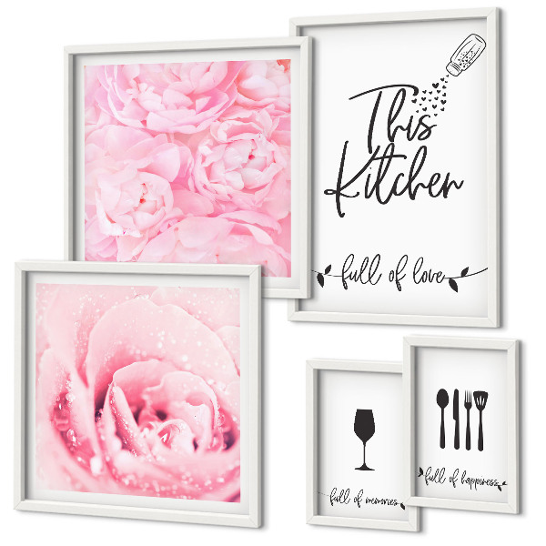 Set di 5 quadri ispirazioni per la cucina, rose e accessori