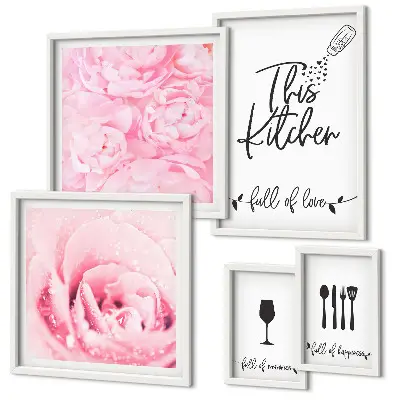 Set di 5 quadri con ispirazioni per la cucina, rose e accessori