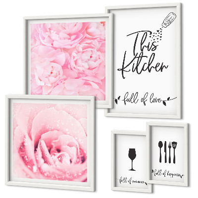 Set di 5 quadri ispirazioni per la cucina, rose e accessori