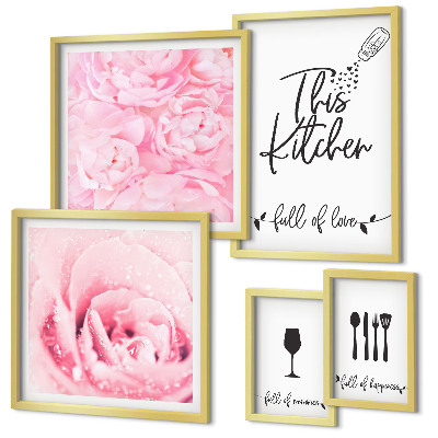 Set di 5 quadri ispirazioni per la cucina, rose e accessori