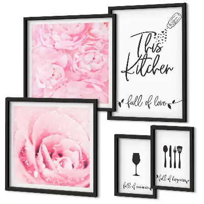 Set di 5 quadri con ispirazioni per la cucina, rose e accessori