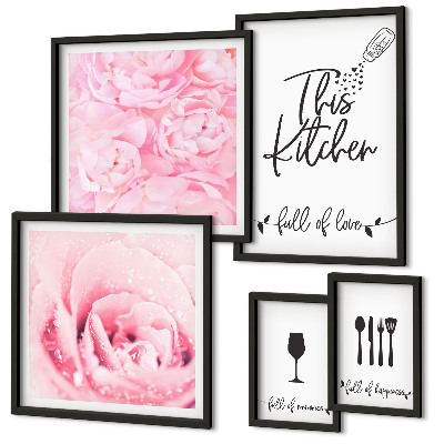 Set di 5 quadri ispirazioni per la cucina, rose e accessori