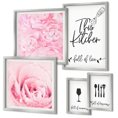 Set di 5 quadri con ispirazioni per la cucina, rose e accessori