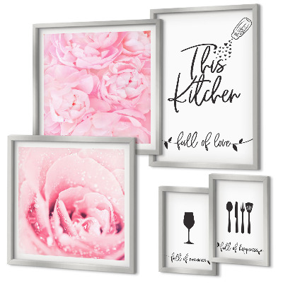 Set di 5 quadri ispirazioni per la cucina, rose e accessori