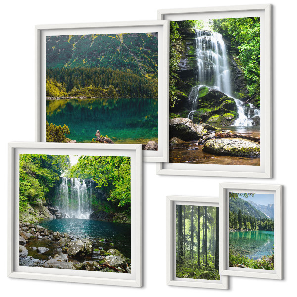 Set di 5 quadri Cascate, paesaggi forestali, natura