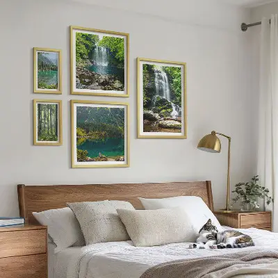 Set di 5 quadri con cascata e paesaggio forestale naturale
