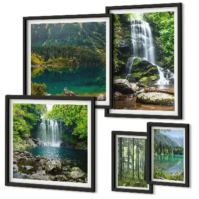 Set di 5 quadri con cascata e paesaggio forestale naturale