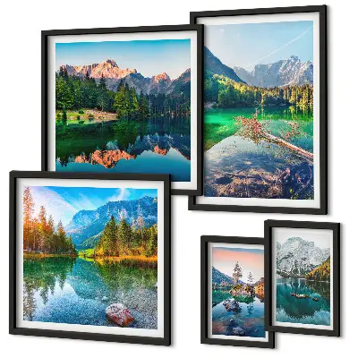 Set di 5 quadri con paesaggi di montagne, laghi e foreste