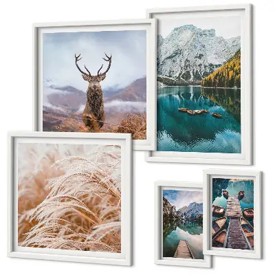 Set di 5 quadri con paesaggi montani e motivi naturali