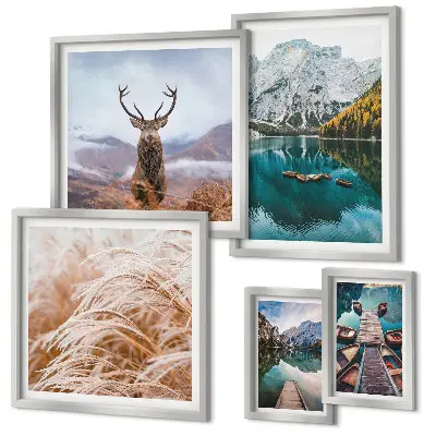 Set di 5 quadri con paesaggi montani e motivi naturali