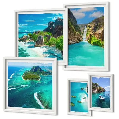 Polittico con cornice con stampa di cascate e spiagge tropicali