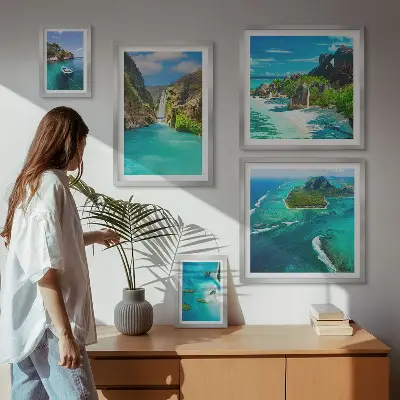 Polittico con cornice con stampa di cascate e spiagge tropicali