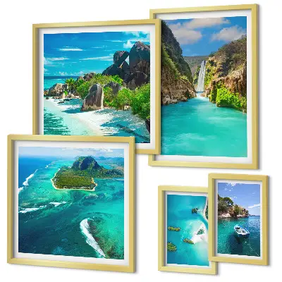 Polittico con cornice con stampa di cascate e spiagge tropicali
