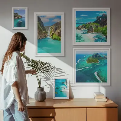 Polittico con cornice con stampa di cascate e spiagge tropicali