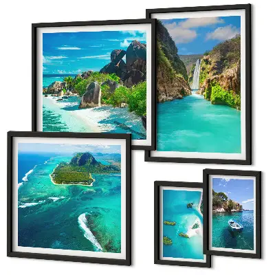 Polittico con cornice con stampa di cascate e spiagge tropicali