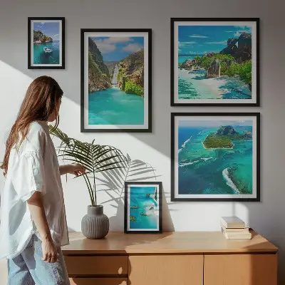 Polittico con cornice con stampa di cascate e spiagge tropicali
