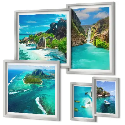 Polittico con cornice con stampa di cascate e spiagge tropicali
