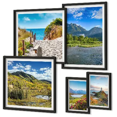 Set di 5 quadri con paesaggi di montagne e spiagge
