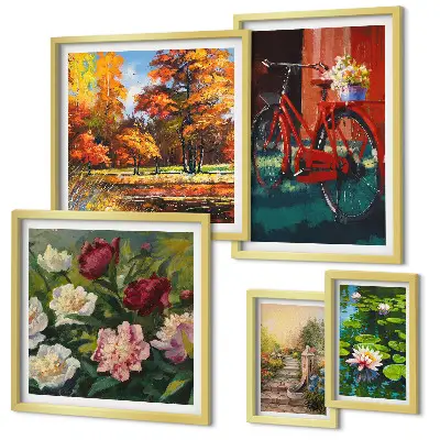 Set di 5 quadri con biciclette fiorite pittoresche