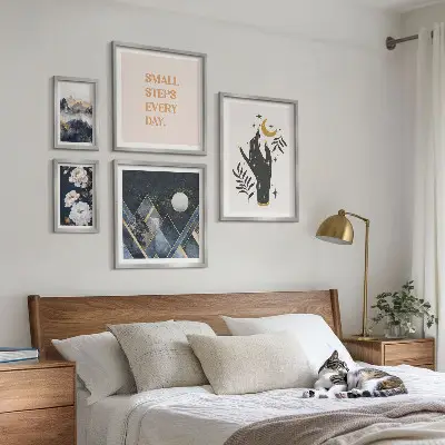 Set di 5 quadri con motivi naturali e scritte in stile bohémien