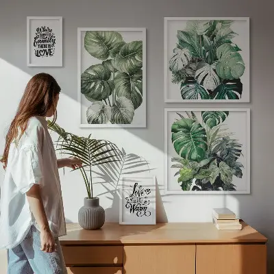 Set di quadri incorniciati con motivi vegetali e citazioni stile boho