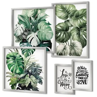 Set di quadri incorniciati con motivi vegetali e citazioni stile boho