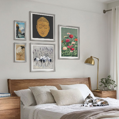Polittico con cornice paesaggi asiatici fiori