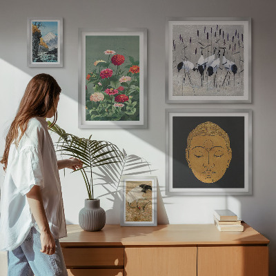 Polittico con cornice paesaggi asiatici fiori