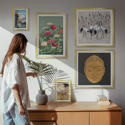 Polittico con cornice paesaggi asiatici fiori