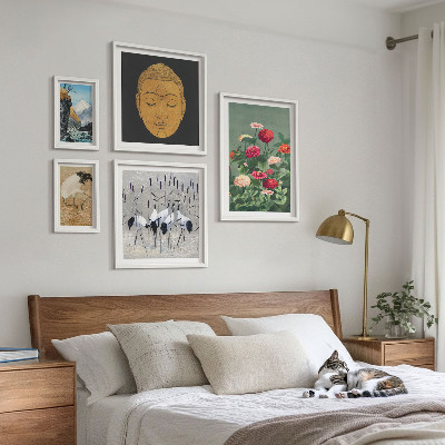 Polittico con cornice paesaggi asiatici fiori