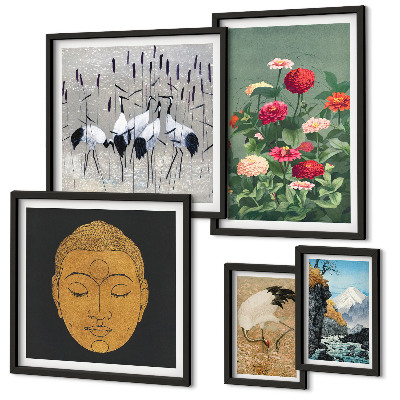 Polittico con cornice paesaggi asiatici fiori