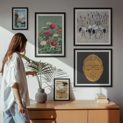 Polittico con cornice paesaggi asiatici fiori