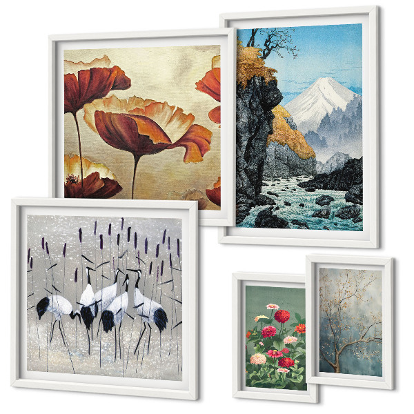 Set di 5 quadri Paesaggi con fiori e montagne
