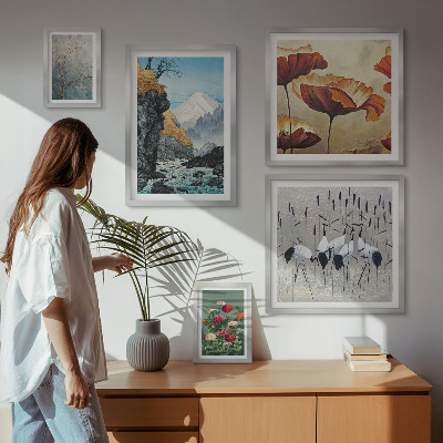 Set di 5 quadri Paesaggi con fiori e montagne