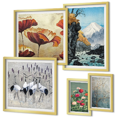 Set di 5 quadri Paesaggi con fiori e montagne