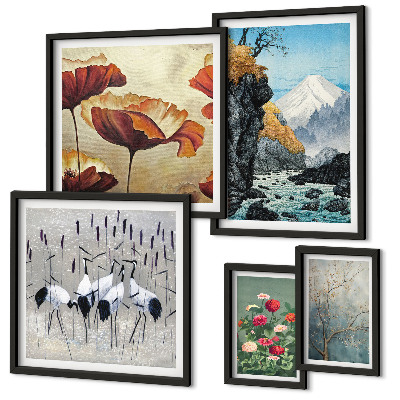 Set di 5 quadri Paesaggi con fiori e montagne