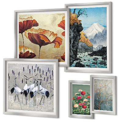 Set di 5 quadri Paesaggi con fiori e montagne