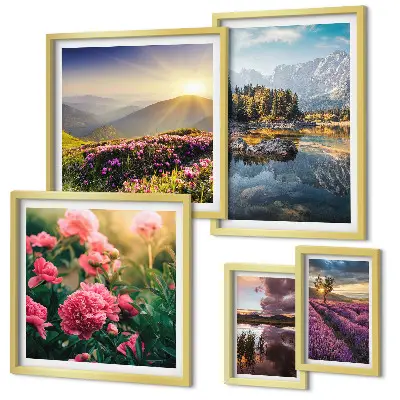 Set di 5 quadri con paesaggi di natura fiori e montagne