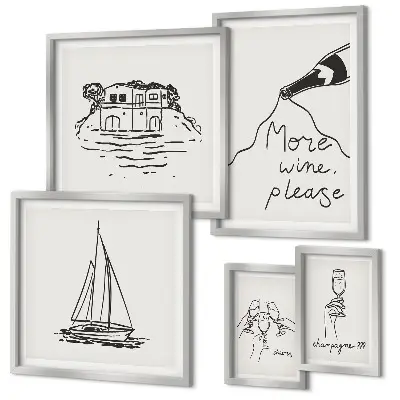Set di 5 quadri con grafica elegante a tema vino relax