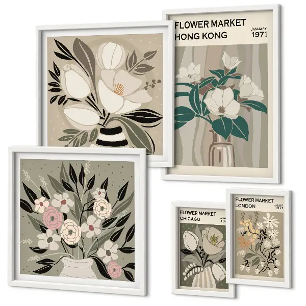 Set di 5 quadri con motivo fiera dei fiori in stile retrò vintage